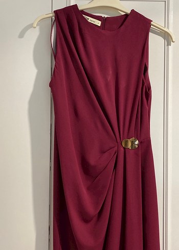 Bordo Drapeli Uzun Klasik Elbise - Görsel 4