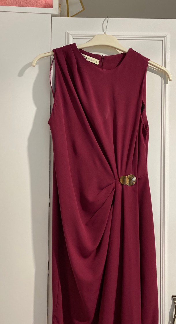 Bordo Drapeli Uzun Klasik Elbise - Görsel 4