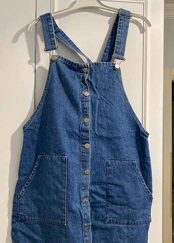 Düğmeli Mavi Kot Kısa Salopet - Görsel 2