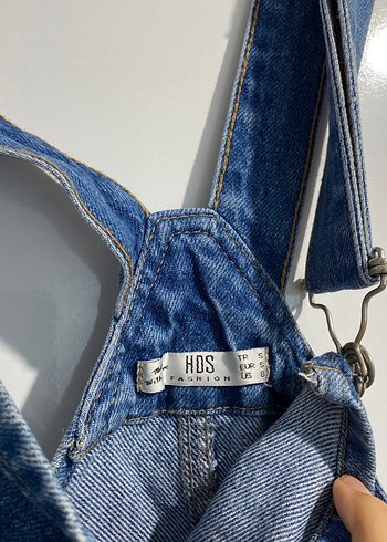 Düğmeli Mavi Kot Kısa Salopet - Görsel 3