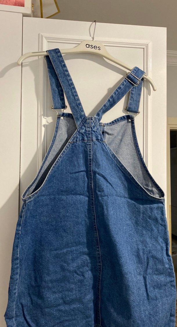 Düğmeli Mavi Kot Kısa Salopet - Görsel 4