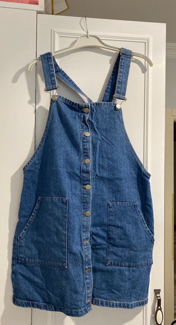 Düğmeli Mavi Kot Kısa Salopet - Görsel 2