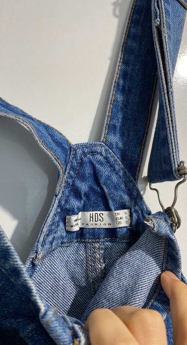 Düğmeli Mavi Kot Kısa Salopet - Görsel 3