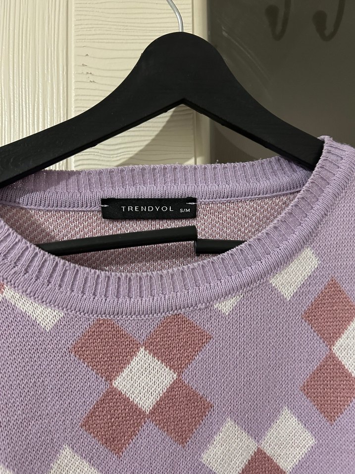Lila Desenli Örme Kadın Süveter - Görsel 2