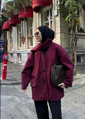 Bordo Midi Kadın Oversize Kaban