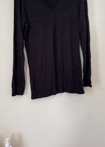 Siyah V Yakalı Uzun Kollu Keten Kadın Gömlek - Görsel 2