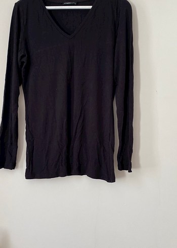 Siyah V Yakalı Uzun Kollu Keten Kadın Gömlek - Görsel 3