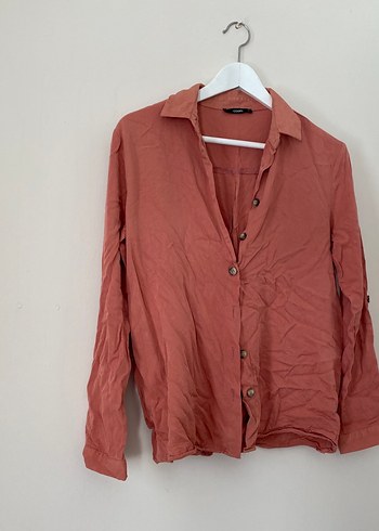 Düğmeli Bej Keten Kadın Gömlek - Görsel 3