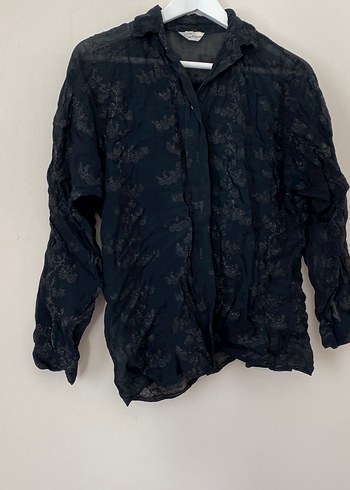 Düğmeli Siyah Keten Kadın Gömlek - Görsel 2