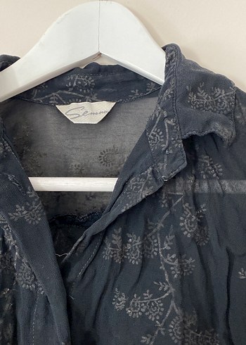 Düğmeli Siyah Keten Kadın Gömlek - Görsel 5