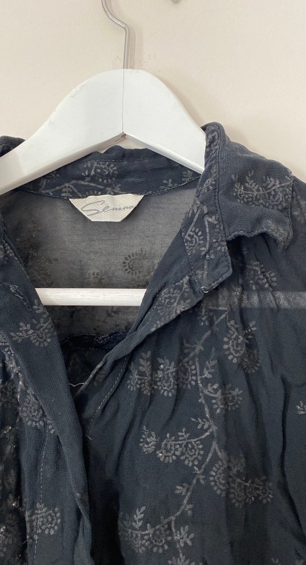 Düğmeli Siyah Keten Kadın Gömlek - Görsel 5