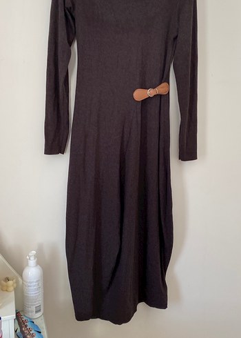 Kahverengi Uzun Keten Elbise - Görsel 2