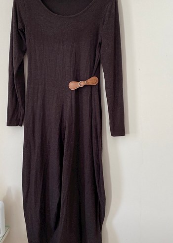 Kahverengi Uzun Keten Elbise - Görsel 3