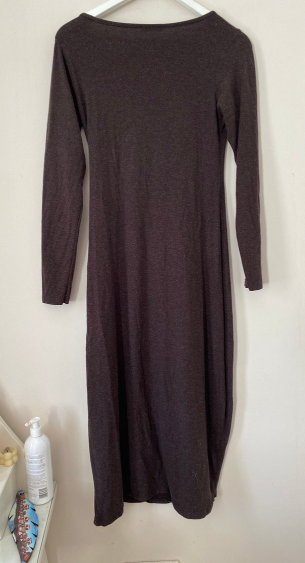 Kahverengi Uzun Keten Elbise - Görsel 5