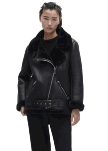 Siyah Kürklü Deri Biker Ceket - Görsel 2
