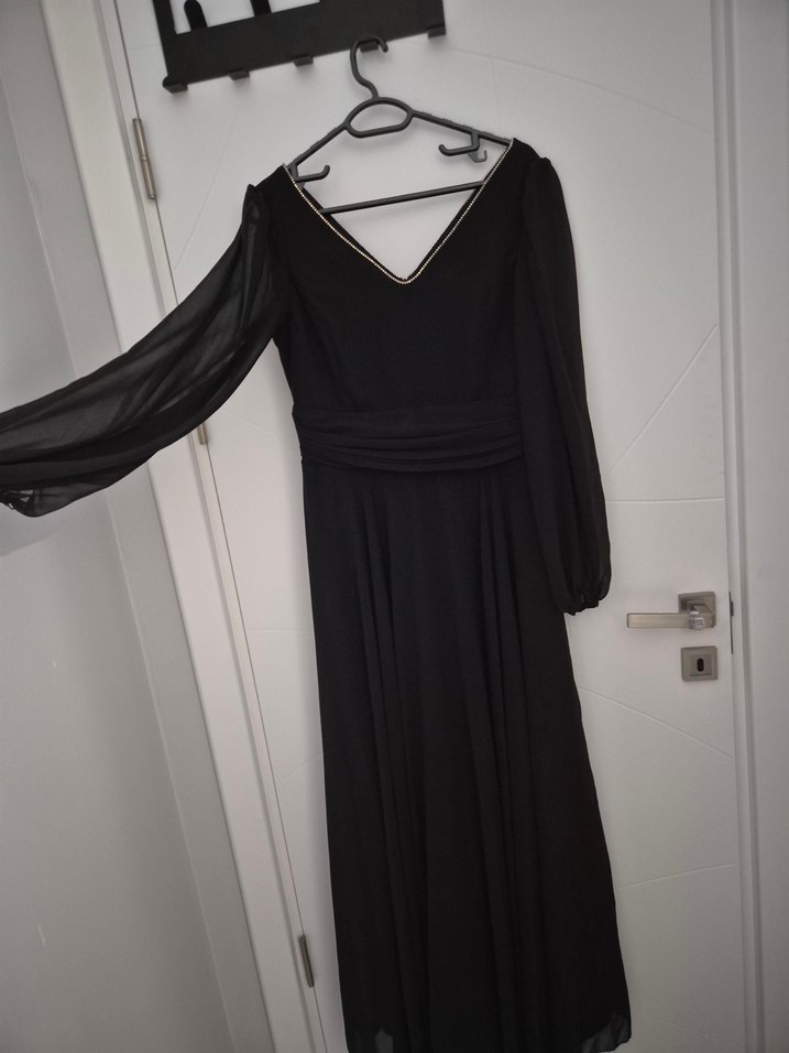 Siyah Uzun Kollu V Yaka Uzun Elbise - Görsel 2