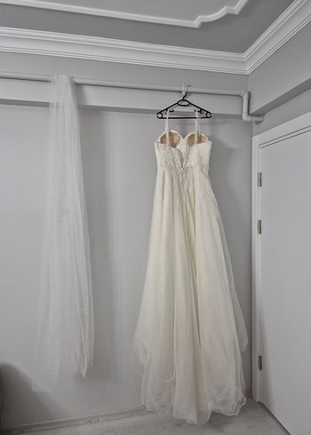 Beyaz Uzun A Kesim askılı gelinlik - Görsel 14