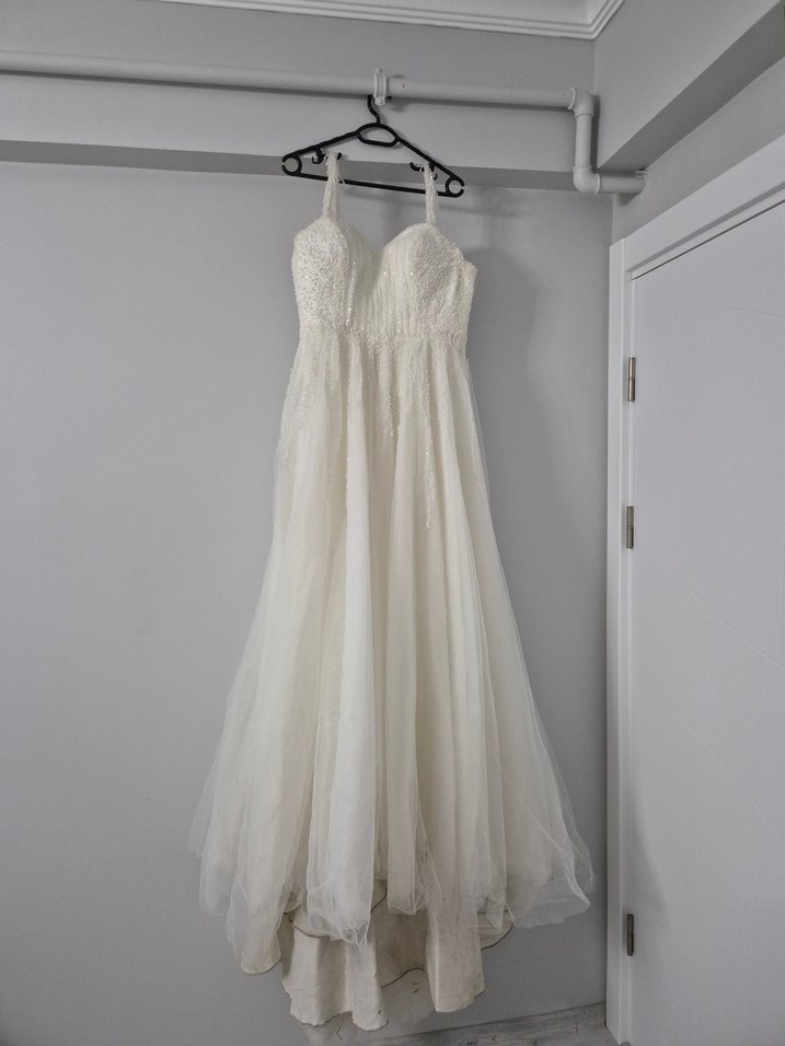 Beyaz Uzun A Kesim askılı gelinlik - Görsel 2