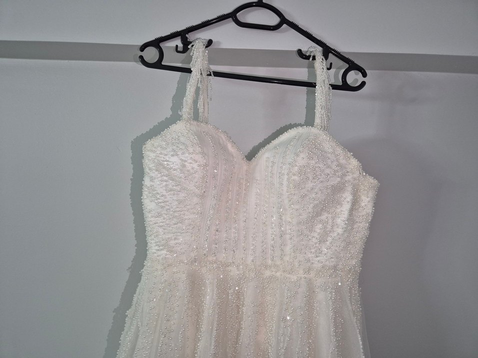 Beyaz Uzun A Kesim askılı gelinlik - Görsel 5