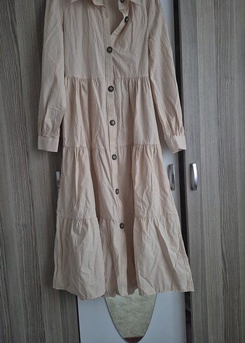 Bej Düğmeli Uzun Keten Elbise - Görsel 2