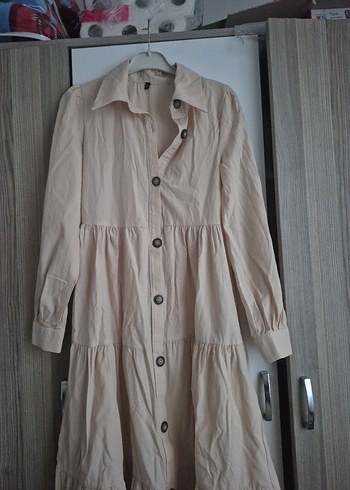 Bej Düğmeli Uzun Keten Elbise - Görsel 3