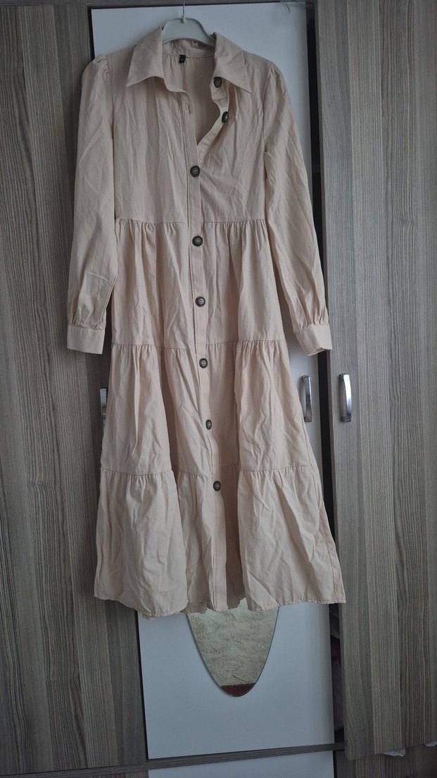 Bej Düğmeli Uzun Keten Elbise - Görsel 2