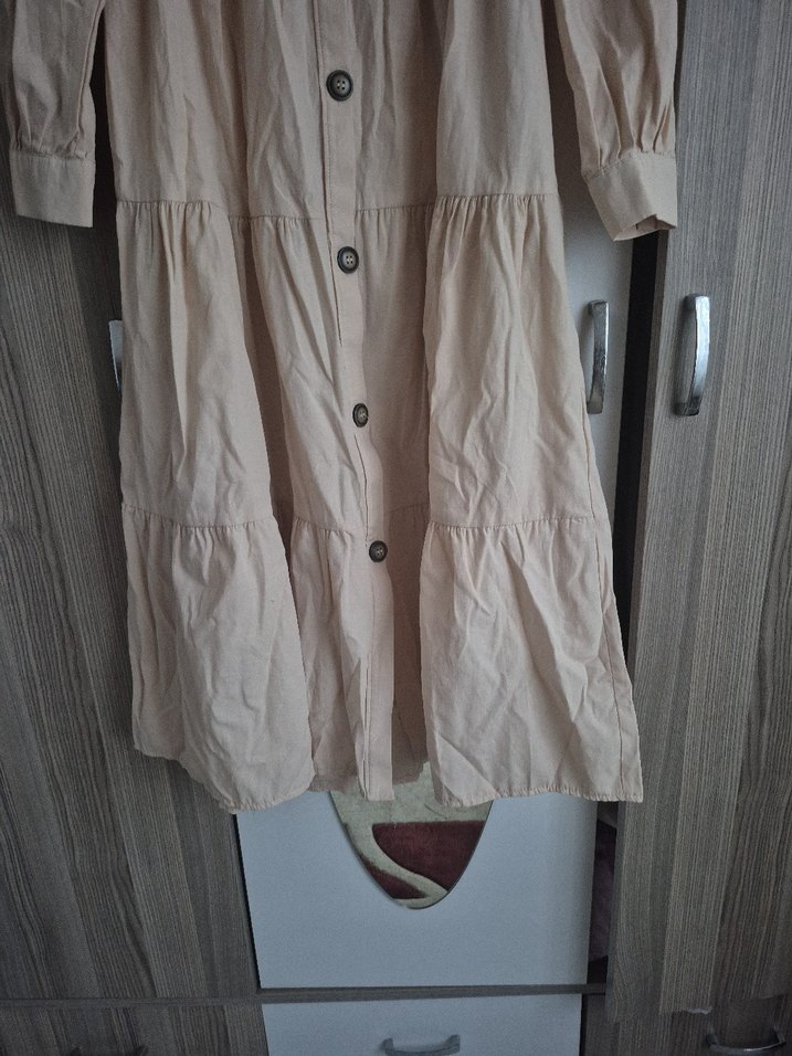 Bej Düğmeli Uzun Keten Elbise - Görsel 4