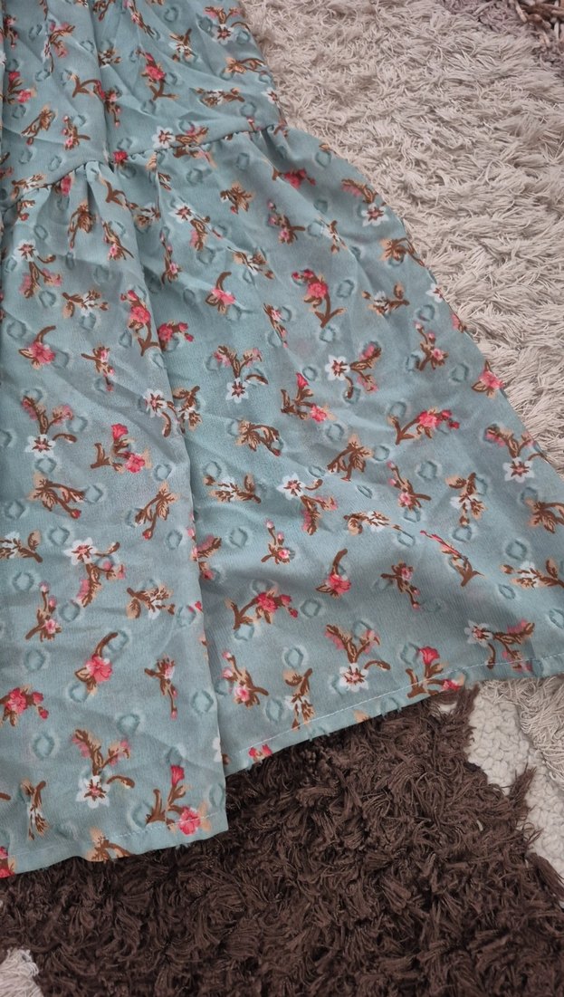 Turkuaz Çiçekli Uzun Bohem Elbise - Görsel 3