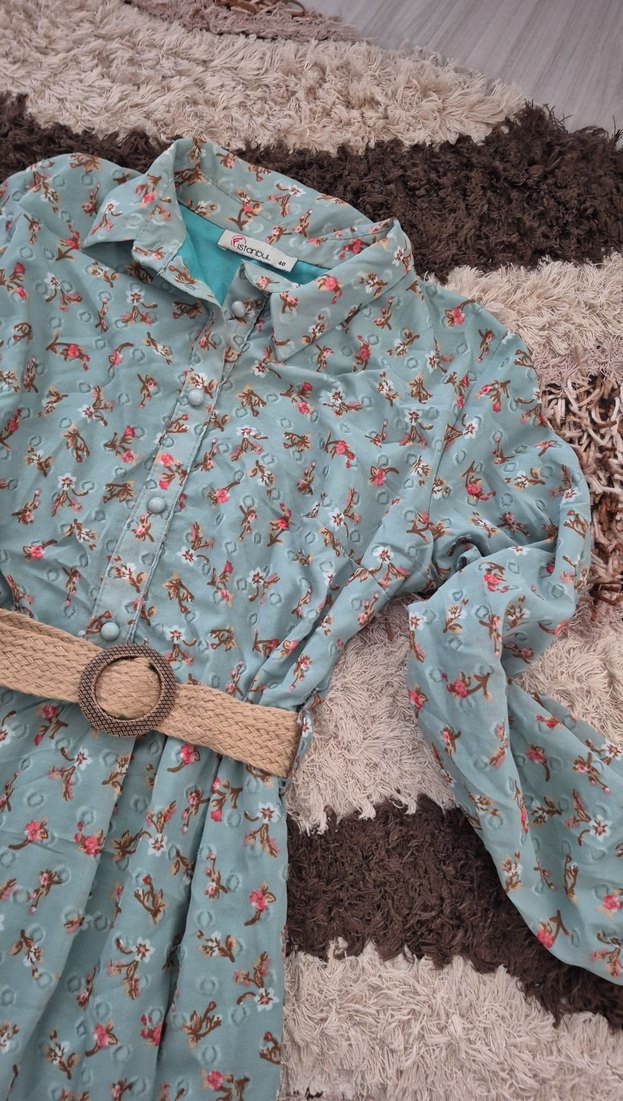 Turkuaz Çiçekli Uzun Bohem Elbise - Görsel 4