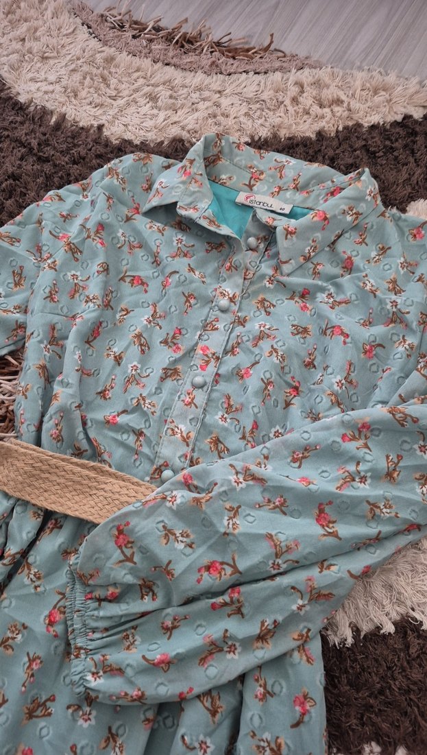 Turkuaz Çiçekli Uzun Bohem Elbise - Görsel 5