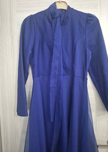 Uzun Kollu Lacivert Vintage Abiye Elbise - Görsel 4