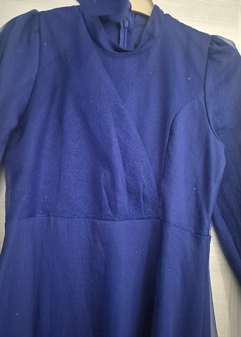 Uzun Kollu Lacivert Vintage Abiye Elbise - Görsel 3