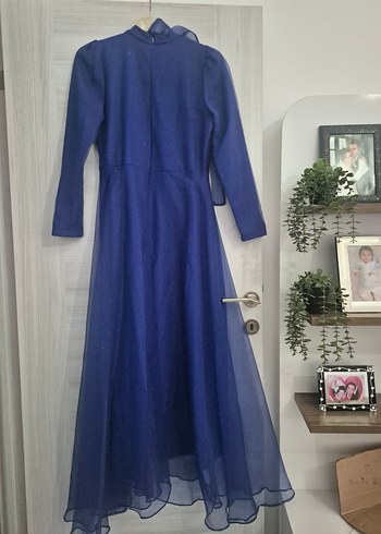 Uzun Kollu Lacivert Vintage Abiye Elbise - Görsel 8