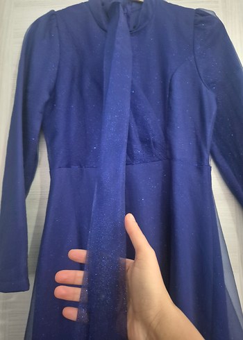 Uzun Kollu Lacivert Vintage Abiye Elbise - Görsel 7