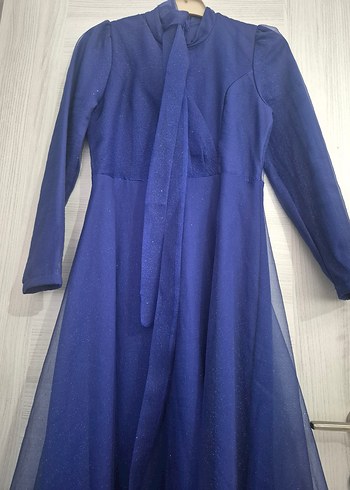 Uzun Kollu Lacivert Vintage Abiye Elbise - Görsel 5