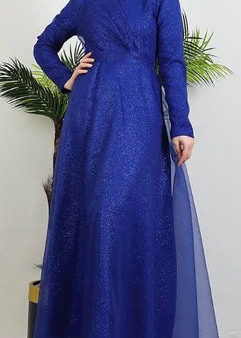 Uzun Kollu Lacivert Vintage Abiye Elbise - Görsel 2