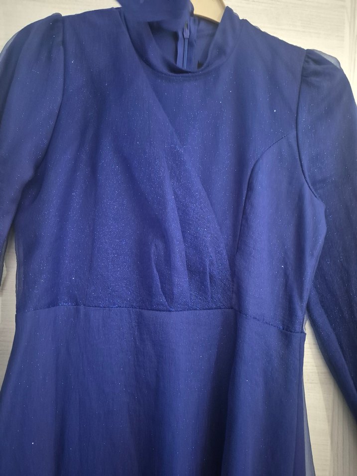 Uzun Kollu Lacivert Vintage Abiye Elbise - Görsel 3