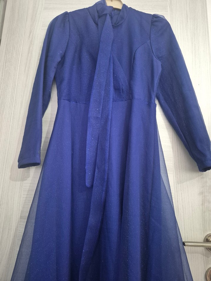 Uzun Kollu Lacivert Vintage Abiye Elbise - Görsel 5