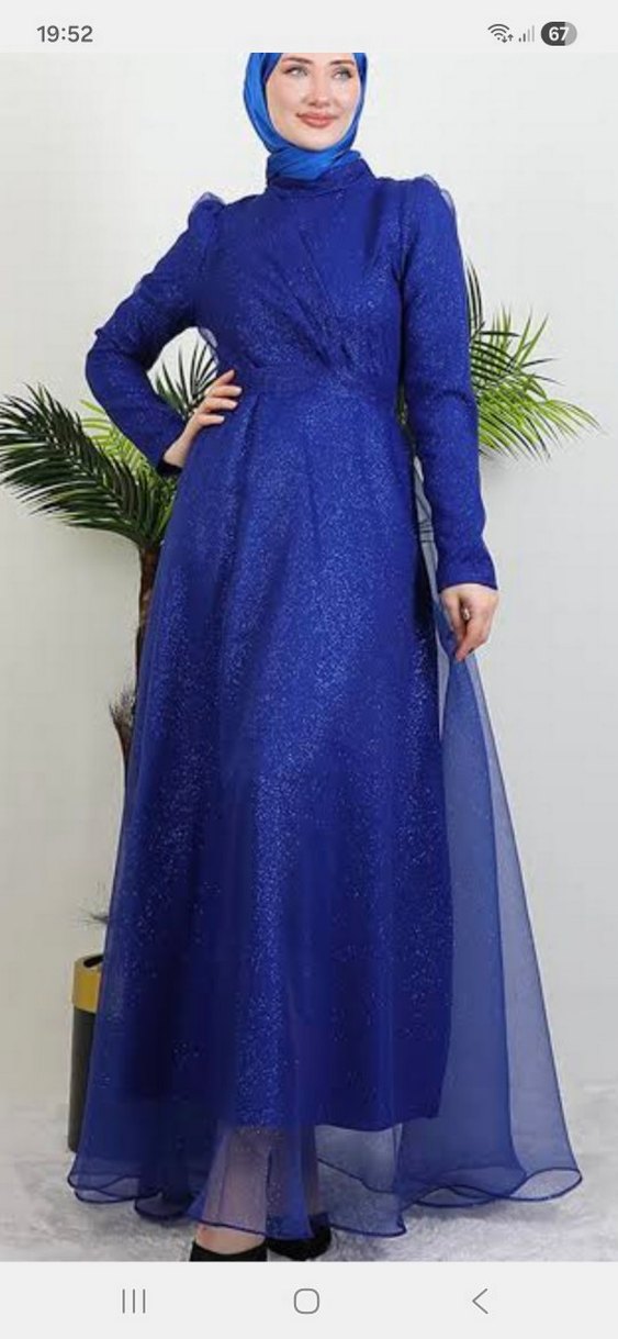 Uzun Kollu Lacivert Vintage Abiye Elbise - Görsel 2