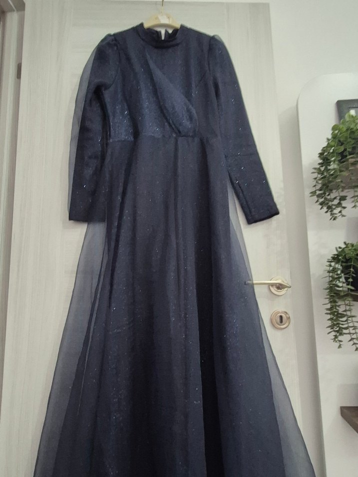 Kadın Lacivert Uzun Kollu Uzun Abiye Elbise - Görsel 4