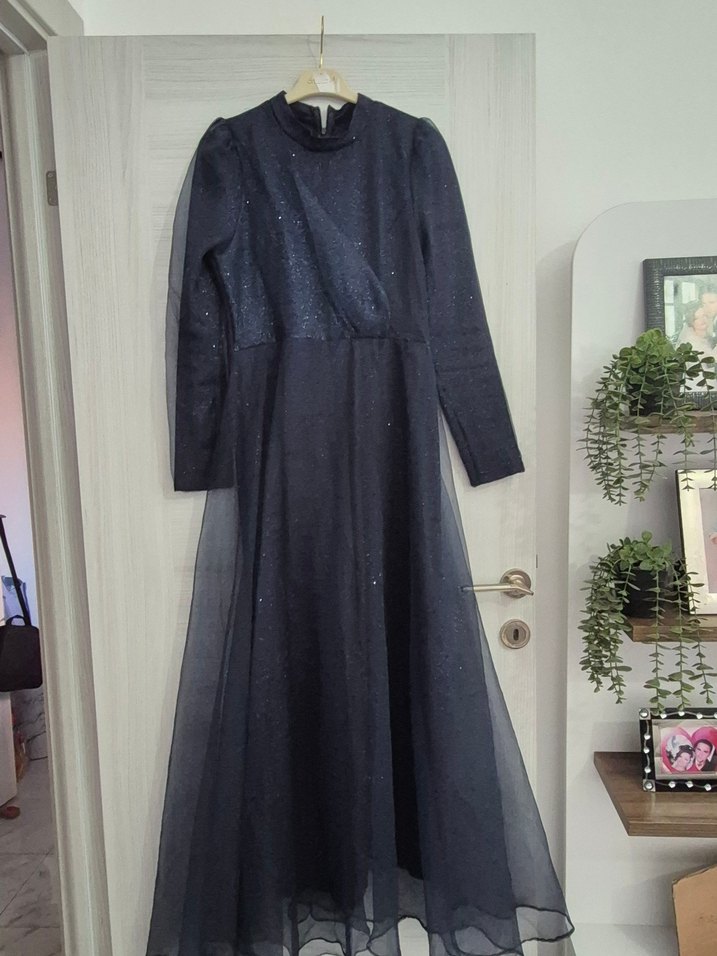 Kadın Lacivert Uzun Kollu Uzun Abiye Elbise - Görsel 2