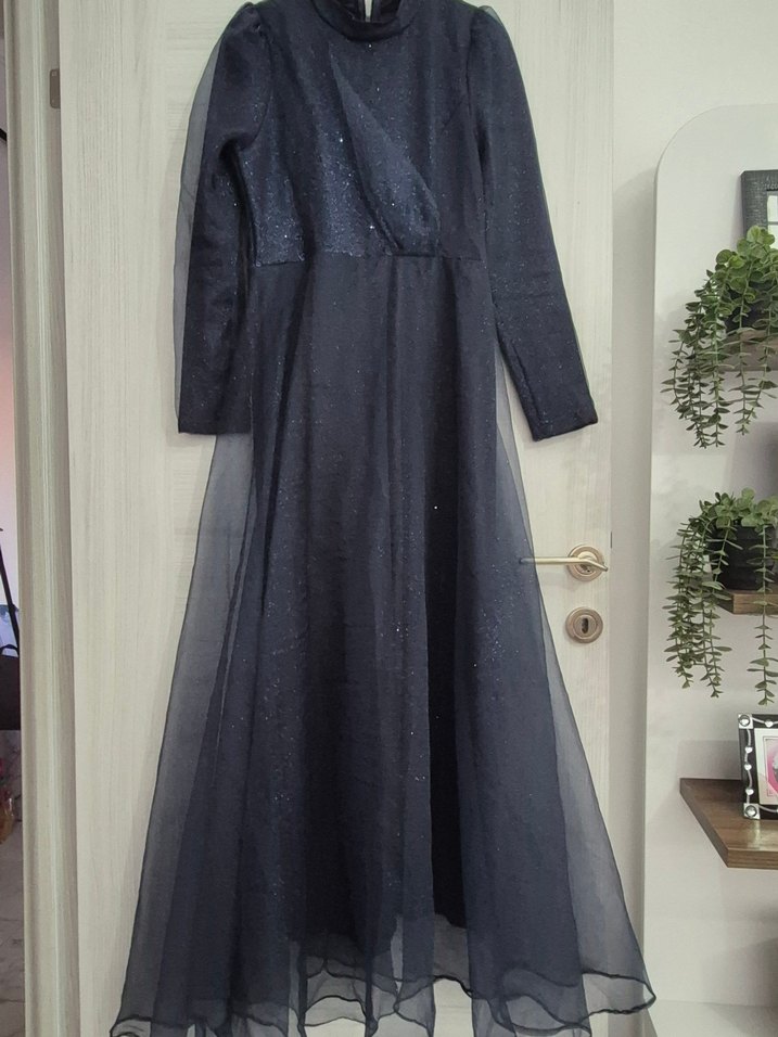 Kadın Lacivert Uzun Kollu Uzun Abiye Elbise - Görsel 3