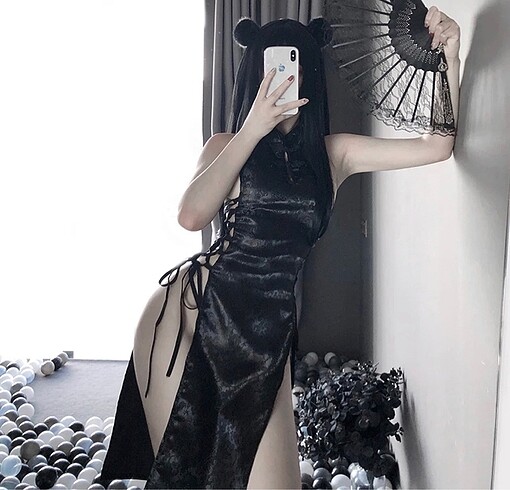 Siyah Saten Gotik Cheongsam Gecelik Elbise
