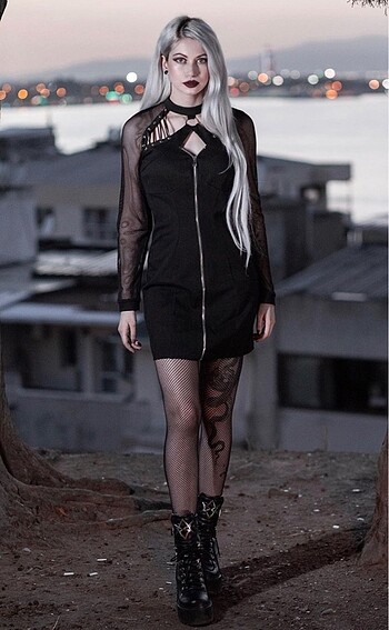 Devilnight Fileli Fermuarlı Siyah Gotik Elbise