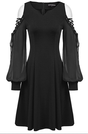 Omuzları açık tüllü Siyah Gotik Elbise