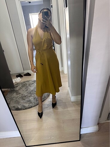 m Beden camel Renk Zara elibise halter yaka