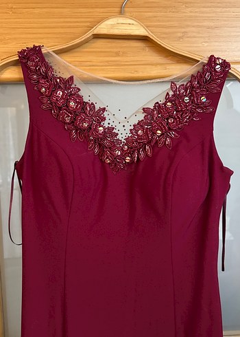 Bordo Nakışlı Uzun Abiye Elbise - Görsel 2