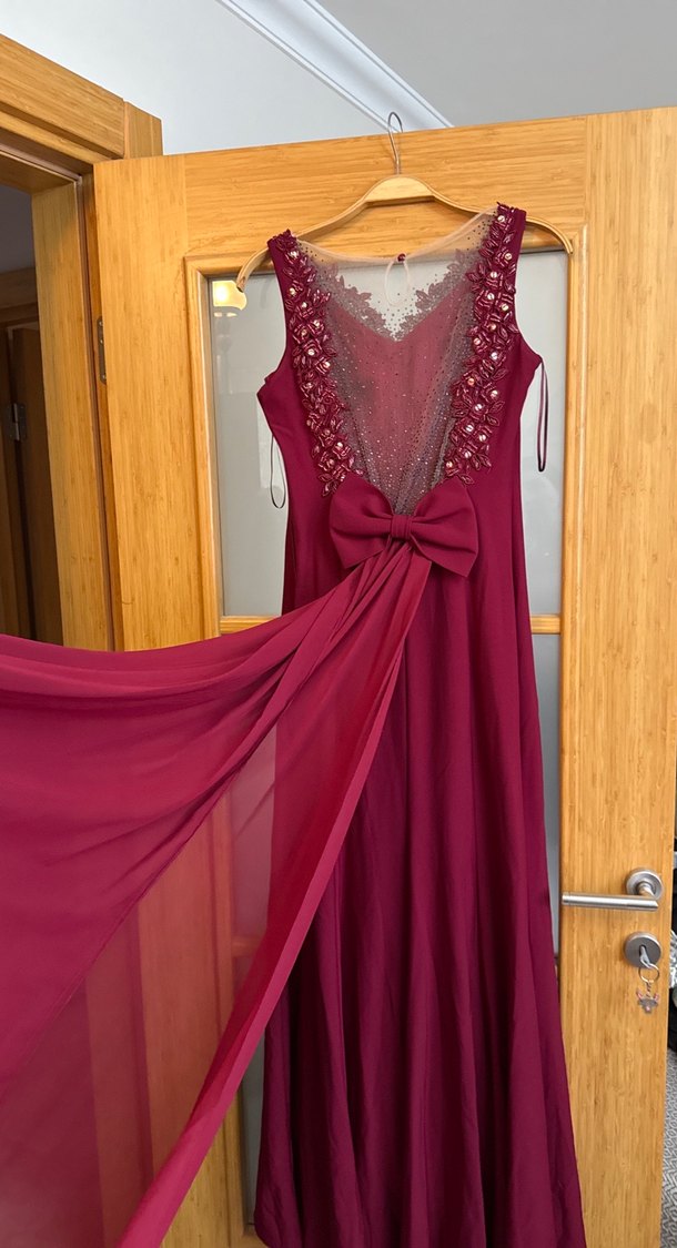 Bordo Nakışlı Uzun Abiye Elbise - Görsel 3