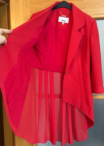 Uzun Kırmızı Kadın Blazer Ceket - Görsel 3