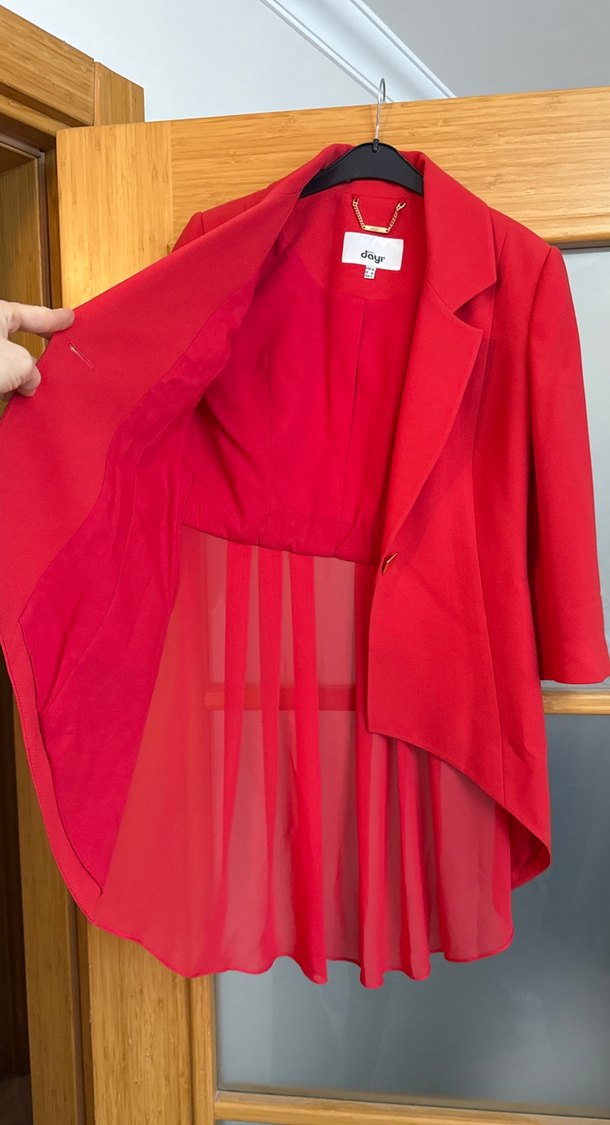 Uzun Kırmızı Kadın Blazer Ceket - Görsel 3